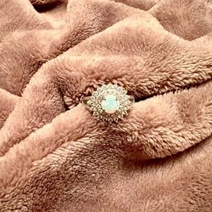 SZ 7.5 | 925 Sterling Silver White Fire Opal Double Diamond Halo Ring